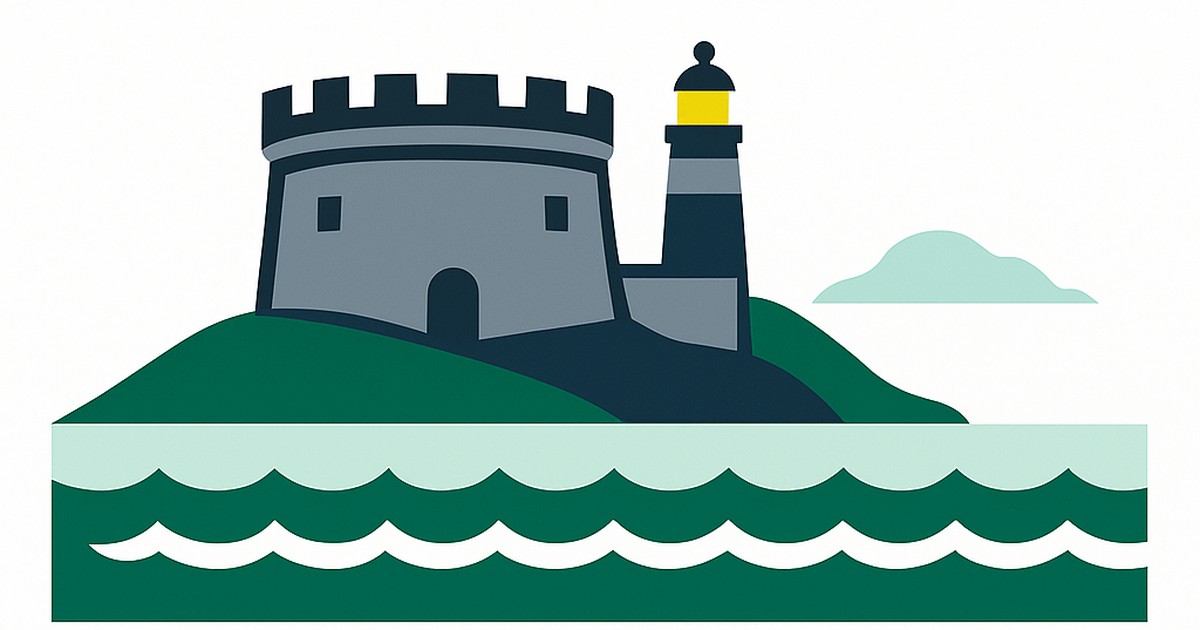 Flat illustration of a round coastal fort and lighthouse with the Alderney outline