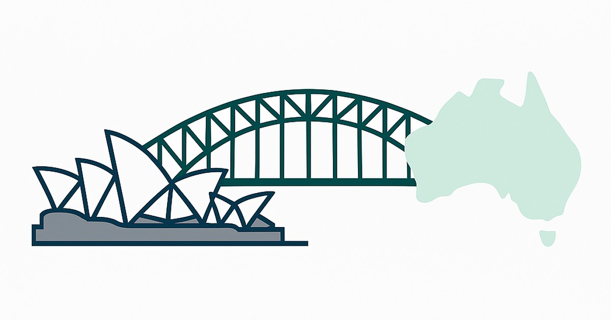 Flat illustration of the Sydney Opera House and Harbour Bridge with the Australia outline