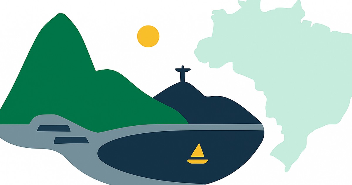 Flat illustration of Sugarloaf Mountain and Rio bay with the Brazil outline