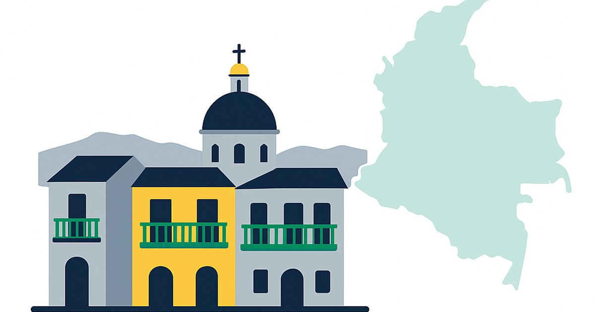 Flat illustration of old Cartagena balconies and a church dome with the Colombia outline