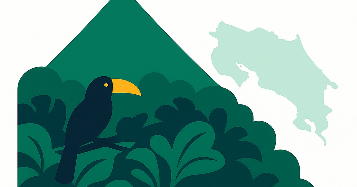 Flat illustration of a volcano above rainforest with the Costa Rica outline