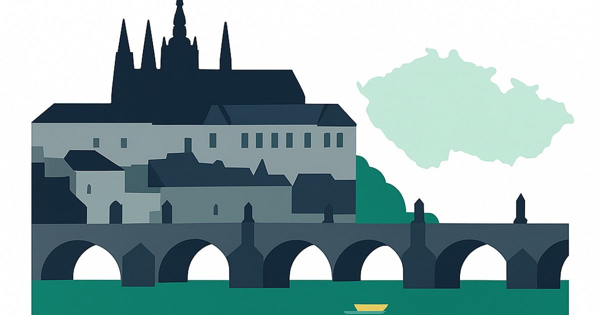 Flat illustration of Prague Castle above Charles Bridge with the Czech Republic outline