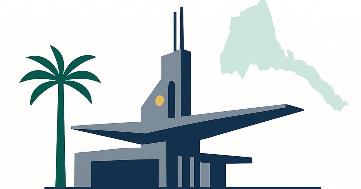 Flat illustration of the Fiat Tagliero building and palm with the Eritrea outline