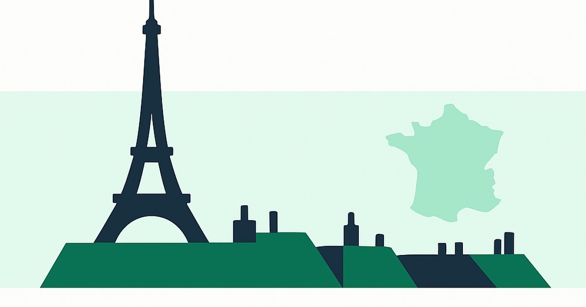 Flat illustration of the Eiffel Tower and Paris rooftops with the France outline