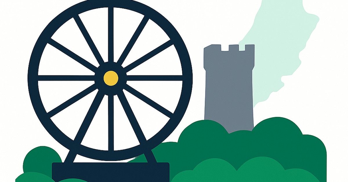 Flat illustration of the Laxey Wheel in a green glen with the Isle of Man outline