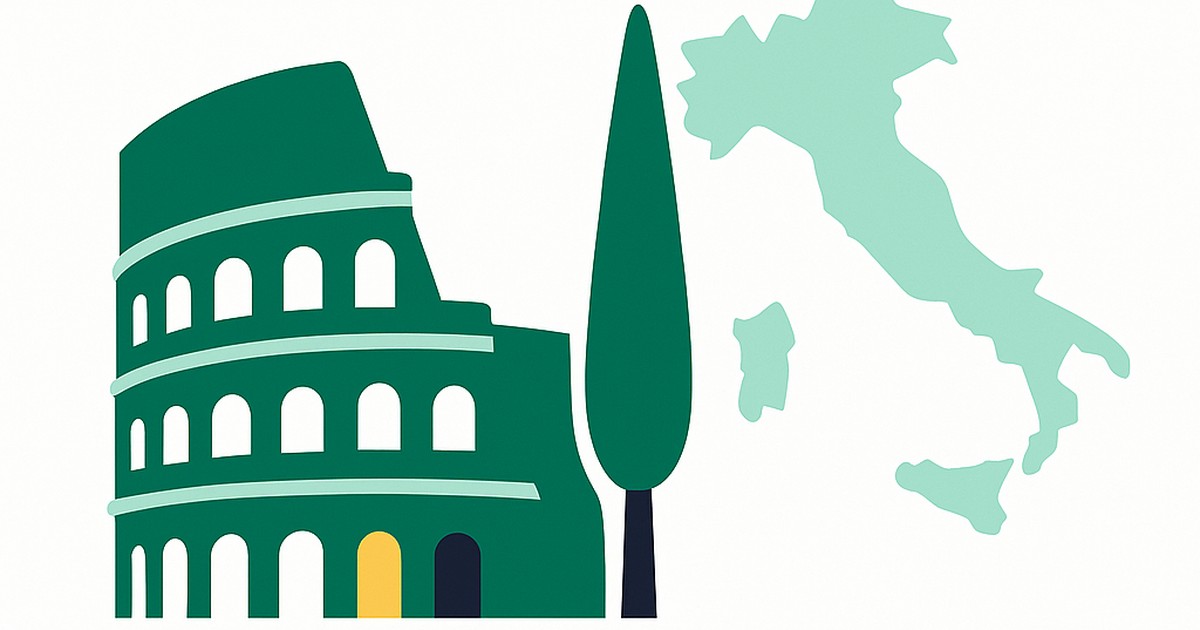 Flat illustration of the Colosseum and a cypress with the Italy outline