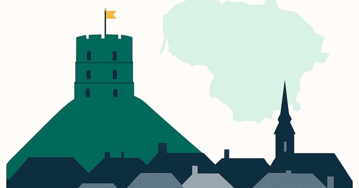Flat illustration of Gediminas Tower above Vilnius rooftops with the Lithuania outline