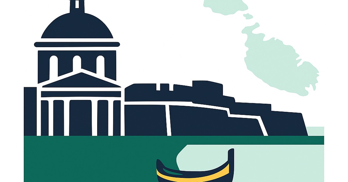 Flat illustration of the Mosta dome and Valletta bastions with the Maltese islands outline