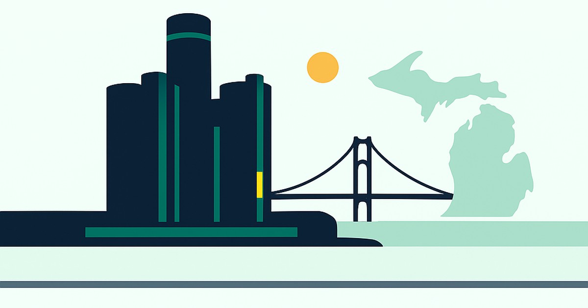 Flat illustration of the Detroit riverfront towers and Mackinac Bridge with the Michigan outline