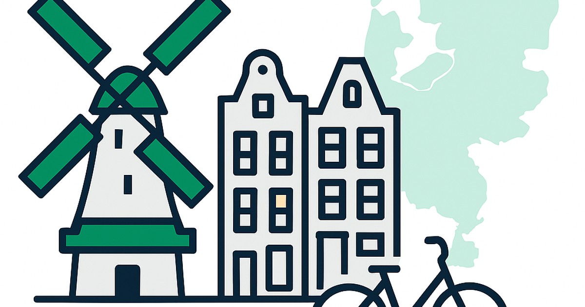 Flat illustration of a Dutch windmill and canal houses with the Netherlands outline