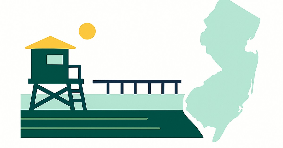Flat illustration of a seaside boardwalk and pier with the New Jersey outline