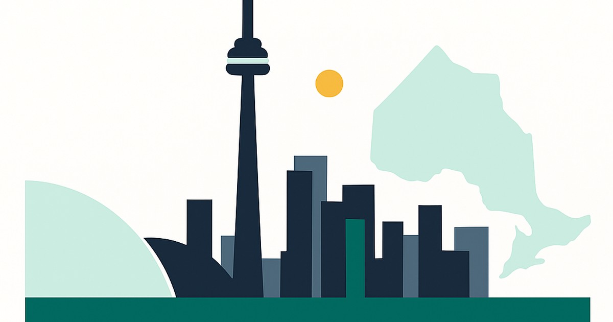 Flat illustration of the CN Tower skyline and Niagara Falls with the Ontario outline