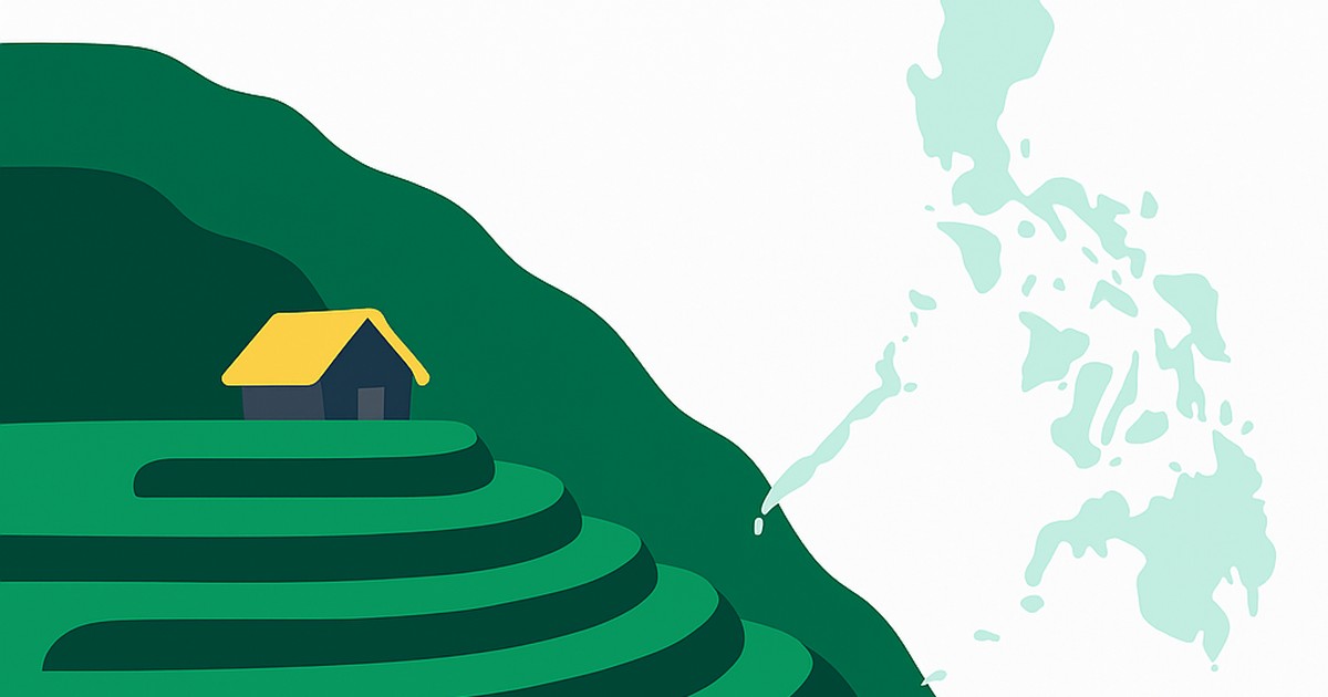 Flat illustration of green rice terraces and a nipa hut with the Philippines outline