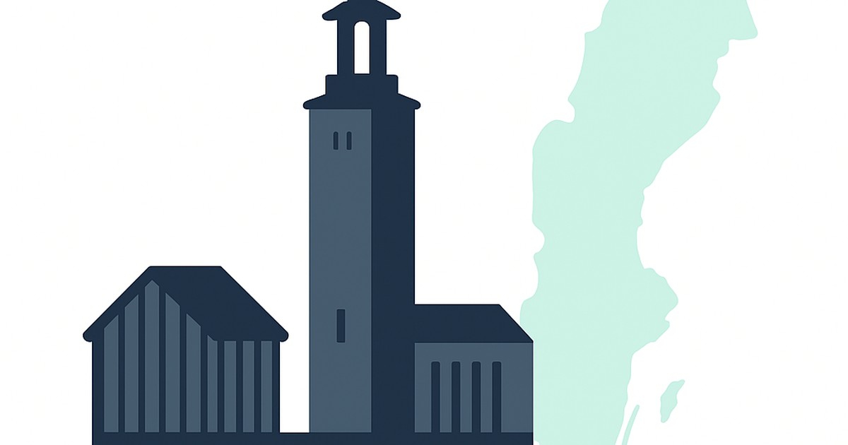 Flat illustration of Stockholm City Hall tower and a red house with the Sweden outline