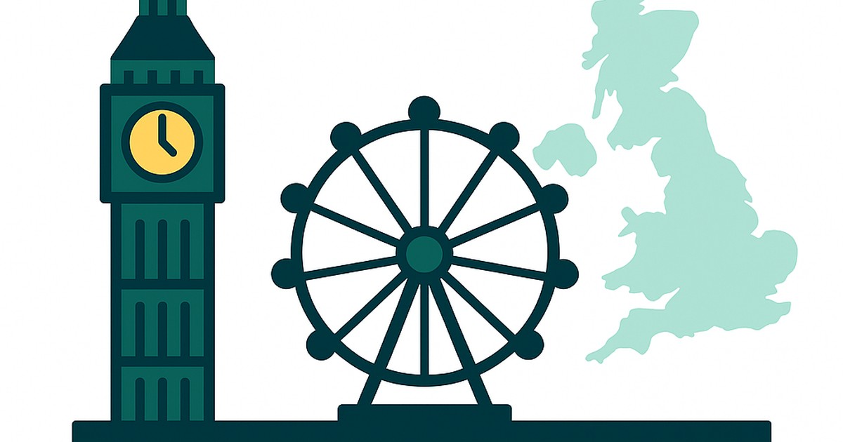 Flat illustration of Big Ben and the London Eye with the United Kingdom outline